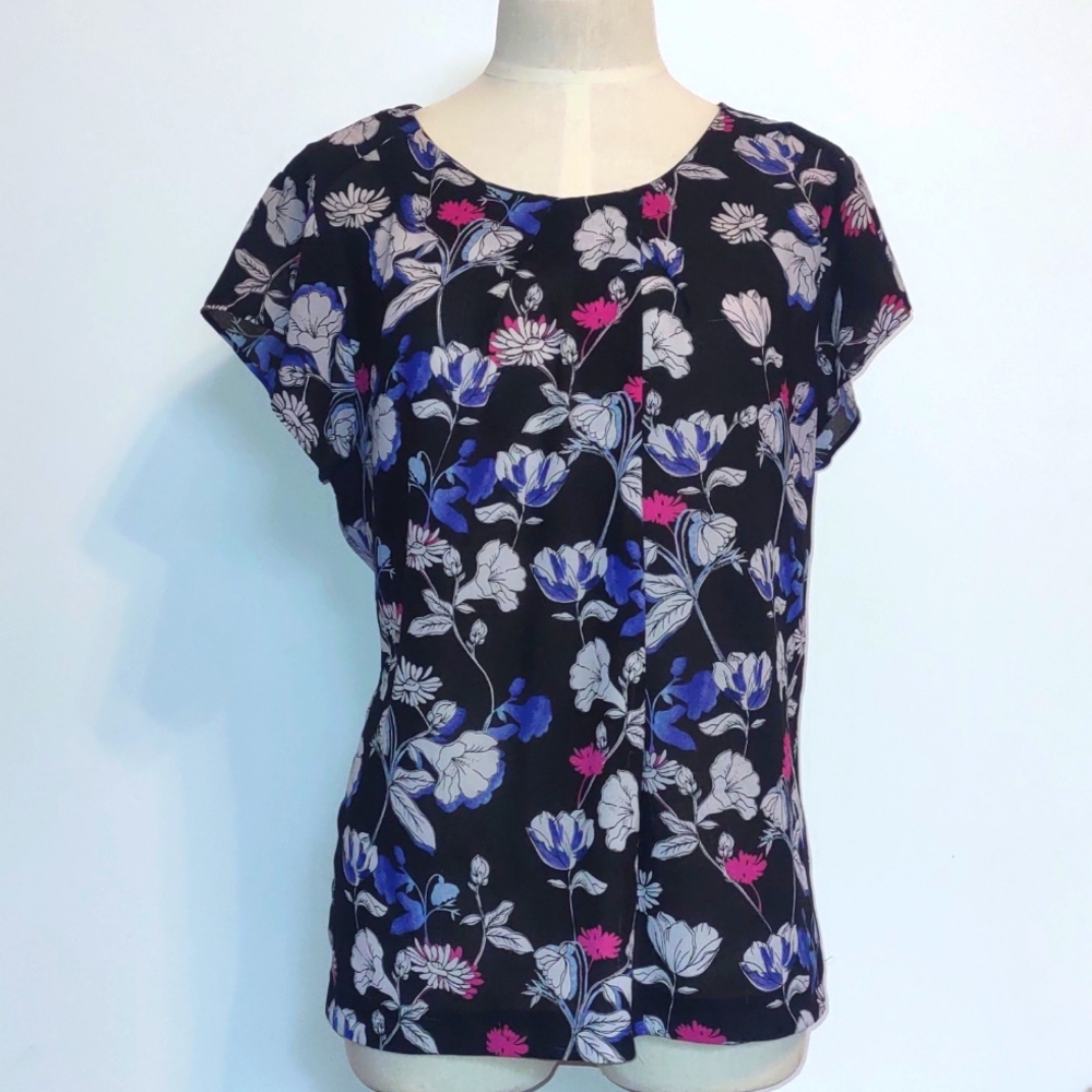 Liz Claiborne Career Short Sleeve Floral Top Size XL Black White Pink Blue - Picture 2 of 6